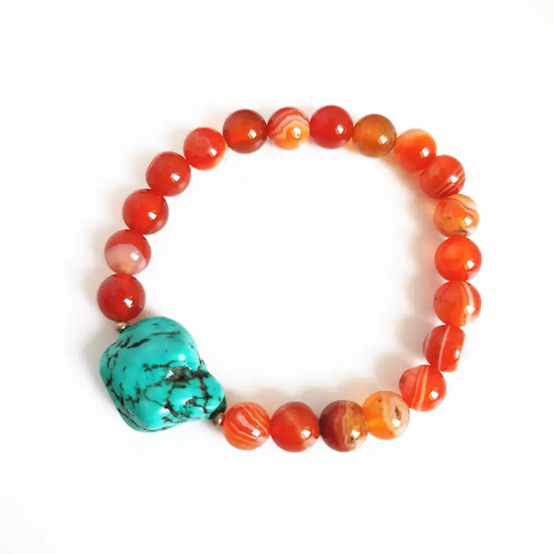 

Natural Red Agates and Enhanced Turquoise Nugget Beads Bracelet Stretch BB-134