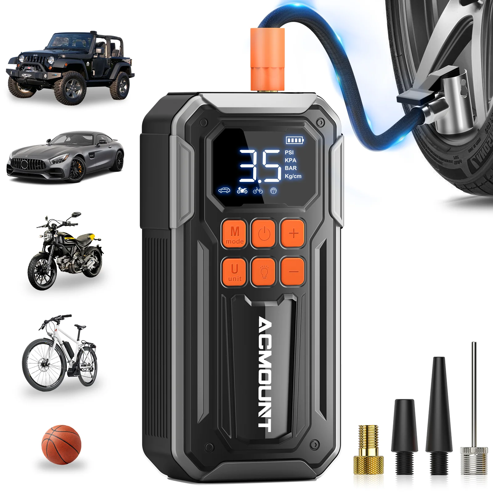 ACMOUNT 160PSI Portable Tire Inflator, 3× Faster Cordless Air Pump with Digital Gauge & LED Light for Car,Bike,Motorcycle,Ball