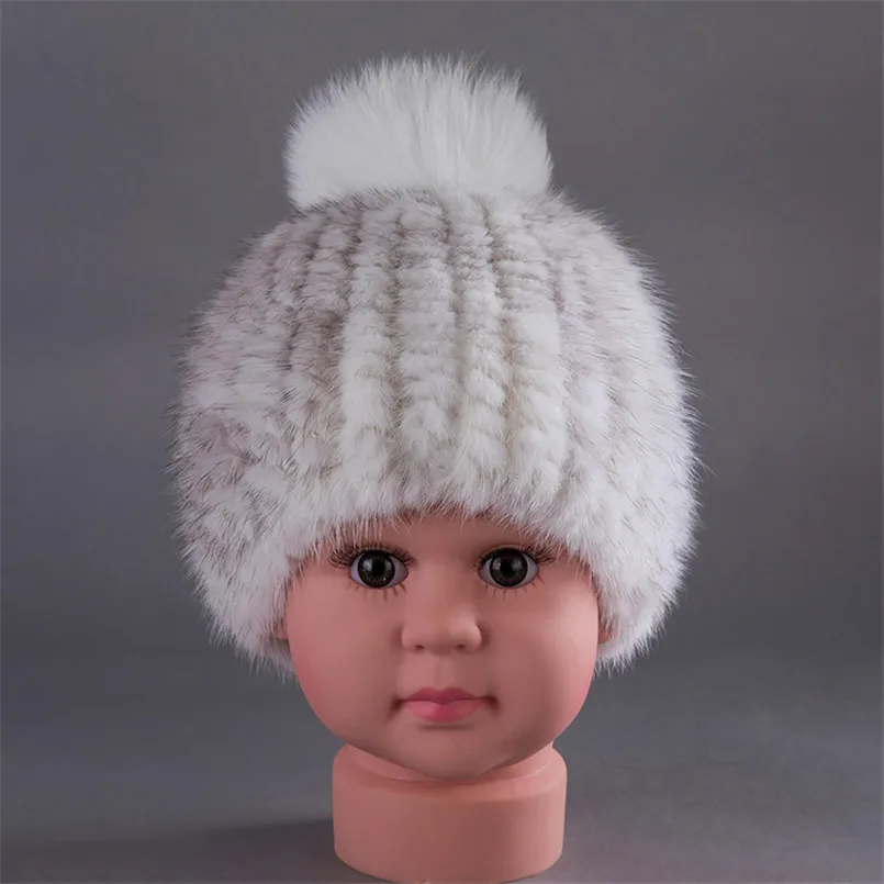 

Winter Kids Hat Real Mink Fur Ball Pompom Fluffy Windproof Boys Girls Warm Cap