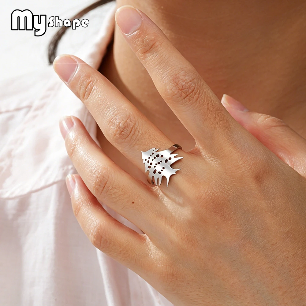Lebanon Cedar Tree Open Ring Adjustable Ring Stainless Steel Cedar Leaf Finger Ring Lebanon Symbol Jewelry Gifts Waterproof