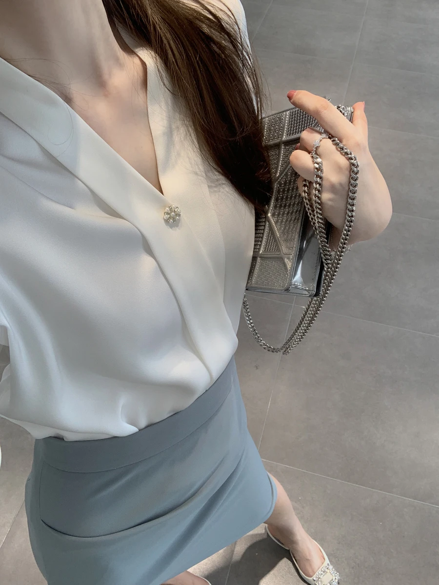 

Ele Satin Fini irt Women's Busin V-ne Office Wear Spring Summer Lightweight Breathable Six Sve Long irt