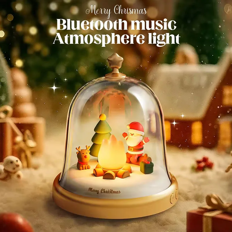 Caja de música navideña recargable con Bluetooth, luz nocturna LED con diseño de campana y llama para decoración de ambiente del hogar, regalos de Navidad para niños