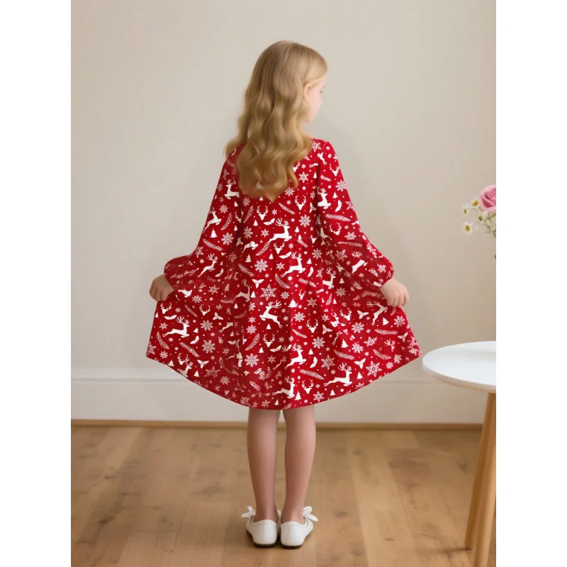 "أميرة عيد الميلاد" طباعة ندفة الثلج الرنة الحمراء - فستان بأكمام طويلة لموضوع عيد الميلاد، ملابس أطفال لطيفة #4