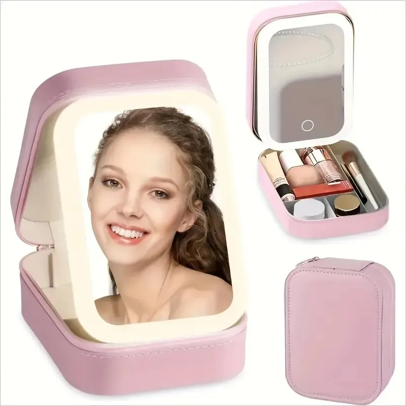 

Portable LED Lighted Makeup Mirror Box - Foldable Travel Cosmetic Organizer with USB Rechargeable Battery, Pink Leather Design f