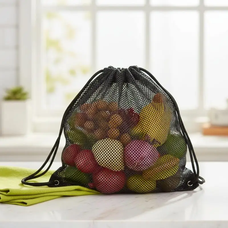 Drawstring Mesh Backpack Heavy Duty Breathable Black Net Bag for Soccer Basketball Sports Gym Outdoor Adventures