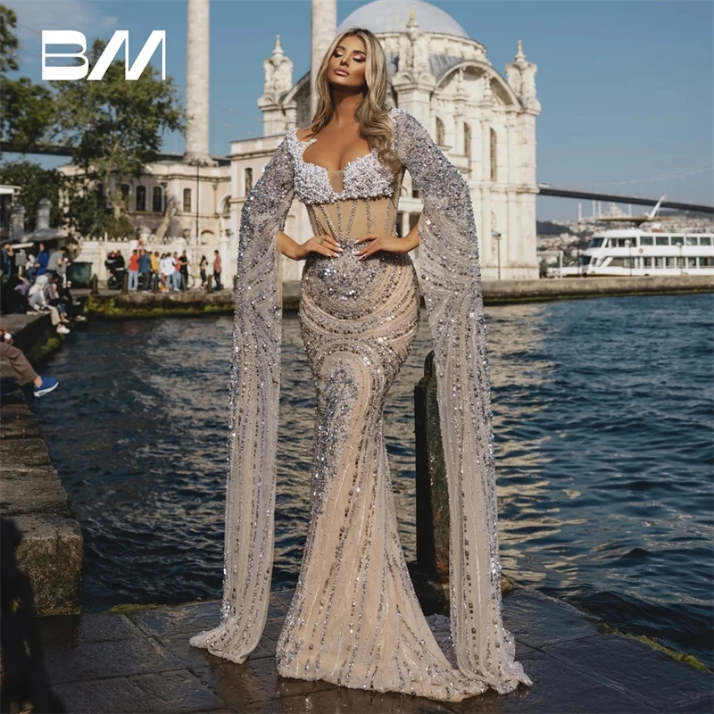 Heavy Beads Long Cape Sleeve Prom Dress Nude Lining Luxury Women Party Gown Mermaid Formal Dresses Custom Made Robe De Soriee