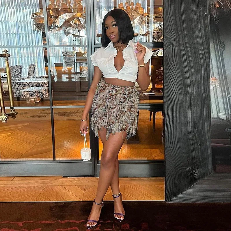 Y2k 奇妙な猫のようなカラフルなタッセルスカート、ピーチヒップ、女性用薄手ニット、ワイルドでセクシーなミッドナイトサマーストレッチスキニーストリートウェアショートスカート