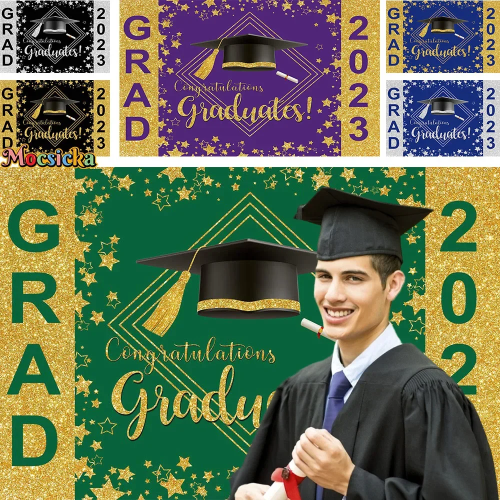 

Congrats Grad 2023 Graduation Party Banner Background Student Cap Certificate Stars Photography Poster Backdrop Portrait Studio
