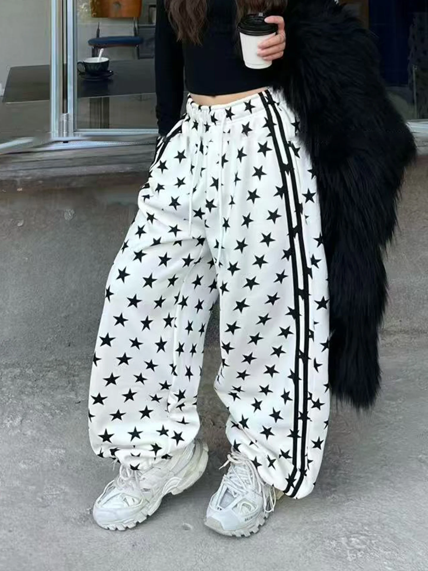 

Women's Fce Lined Thiened Sweatpants High Waist Loose Slimming Versatile Striped Cuffed Wide Leg Long Trousers