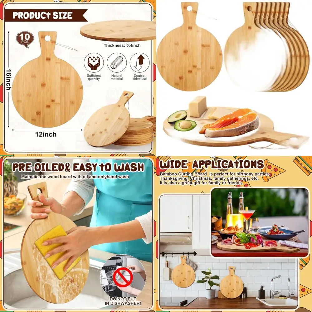 

12 Bamboo Round Cutting Boards with Handle, Set of 10, Ideal for Kitchen Prep, Baking, and Serving Pizza, Bread, Cake, Cheese, F