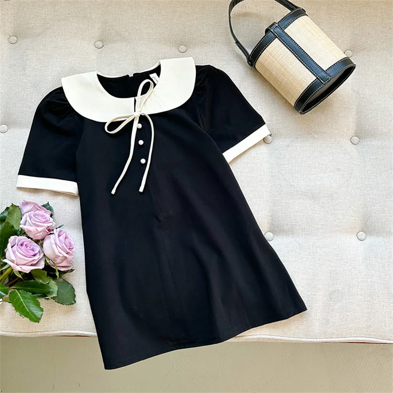 Girls Summer New Dresses Children Temperament Princess Gown Teenager Fashion Bow Vestidos Kids Peter Pan Collar Clothing