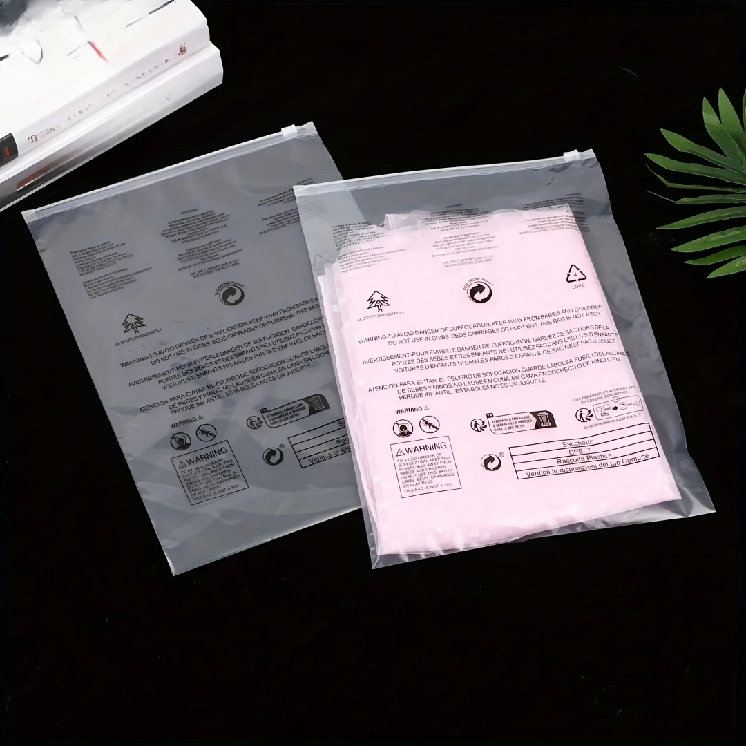5/10/15/20Pcs Transparent Frosted Ziplock Bags with Warning Messages, Random Styles, 26*35 Random Layout Order, Warning Messages for Clothing Packaging Bags, Self-Sealing Transparent Plastic Bags, with Suffocation Warning for Packaging, Clothing, and Shipping