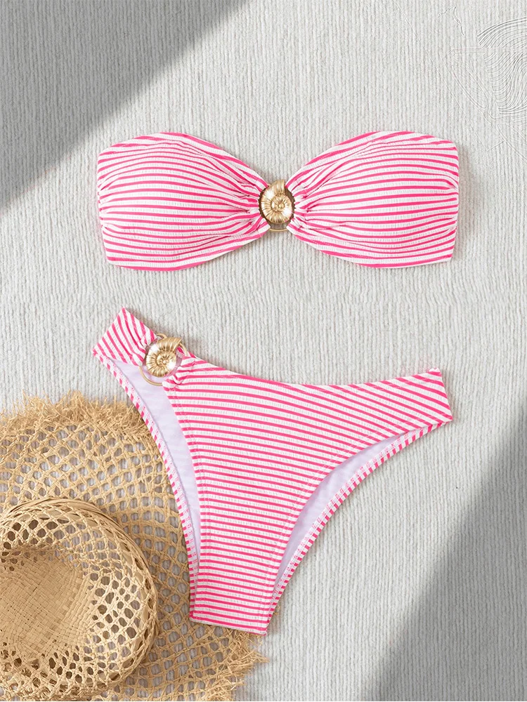 

VZVN 2026 New Lace Up Ring Bathing Suit Swimwear Striped 2 Piece Strapless Swimsuit Women Sexy Bandeau Backless Bikini Set