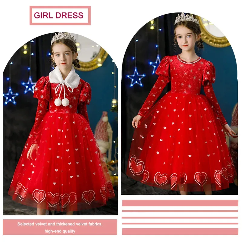 

Little Girl New Year Greetings Dress New style Red Princess Dress With Velvet and Thickening Children Christmas Daily Clothes