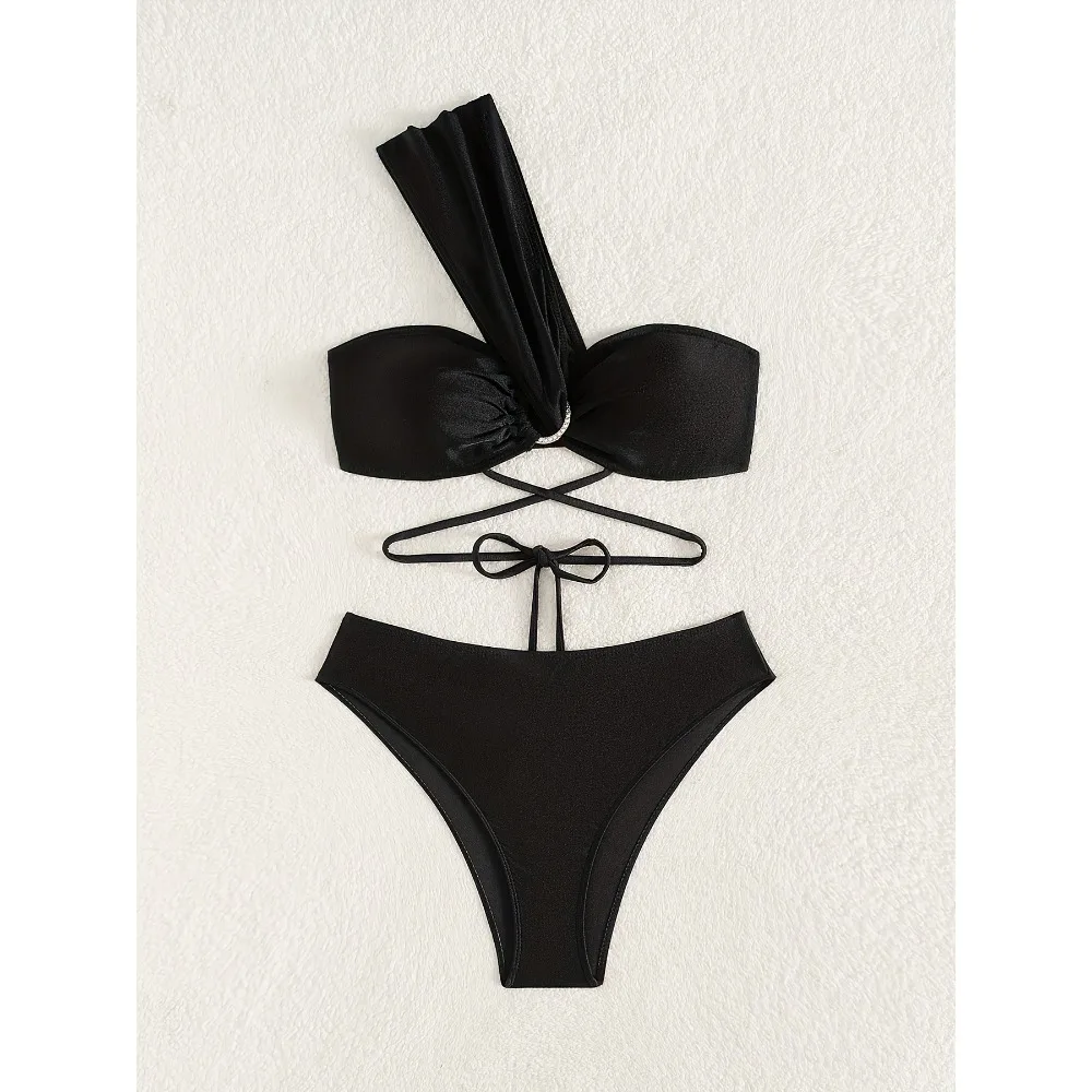 Sexy une épaule noir Bikini 2025 femme maillot de bain deux pièces maillots de bain femme string Bikinis ensemble maillots de bain brésilien Biquini