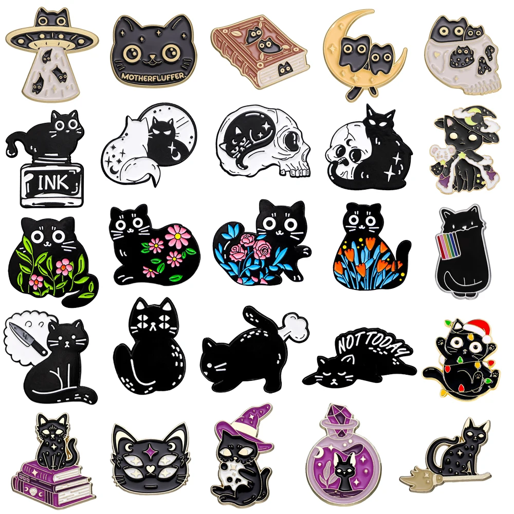 Cute Black Cat Metal Brooch Spaceship Skeleton Book Cat Flower Witch Magic Cat Dagger Christmas Cat Badge Punk Lapel Pin Jewelry