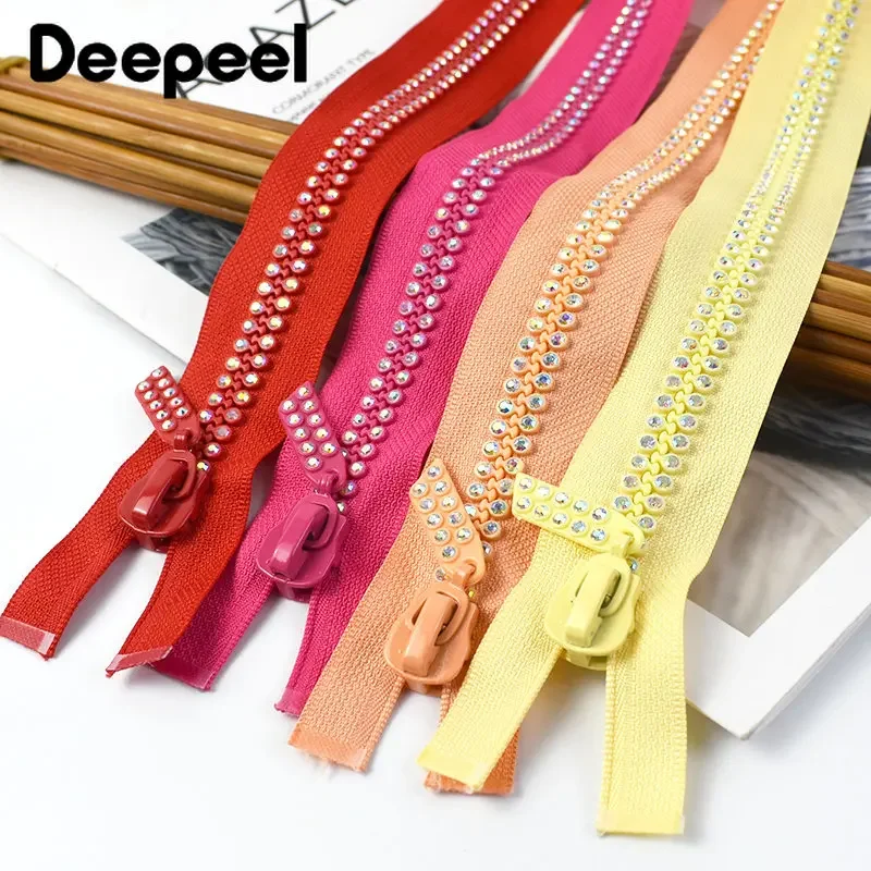 1/2Pcs 10# 60cm Resin Zipper Rhinestone Decor Zip Open End Zips for Jacket Bag Clothes Zippers Repair Kit DIY Sewing Accessory