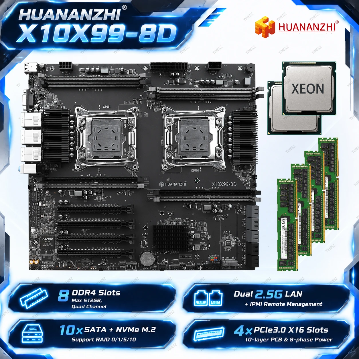 X10X99-8D Mainboard LGA2011-3 DDR4 512GB C612 Quad Channel 8 Slot M.2 NVMe 4xPCIe x16 10xSATA RAID Dual 2.5G LAN IPMI Server