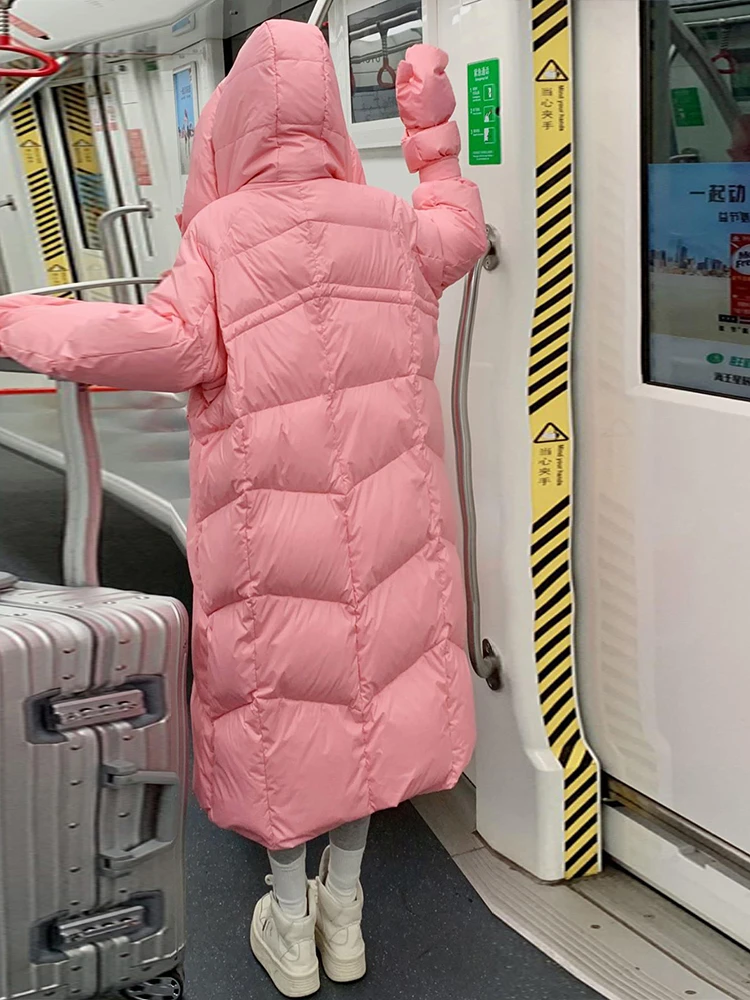 Doudoune épaisse en duvet de canard blanc avec gants pour femme, manteau chaud à capuche, rose, nouveau, mode coréenne, hiver, 2023