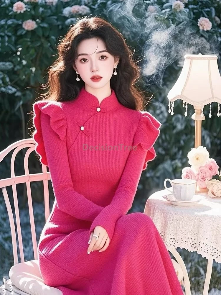 

2025 fashionable temperament chinese improved qipao dress fresh style romantic design knit dress elegant lady daily cheongsam