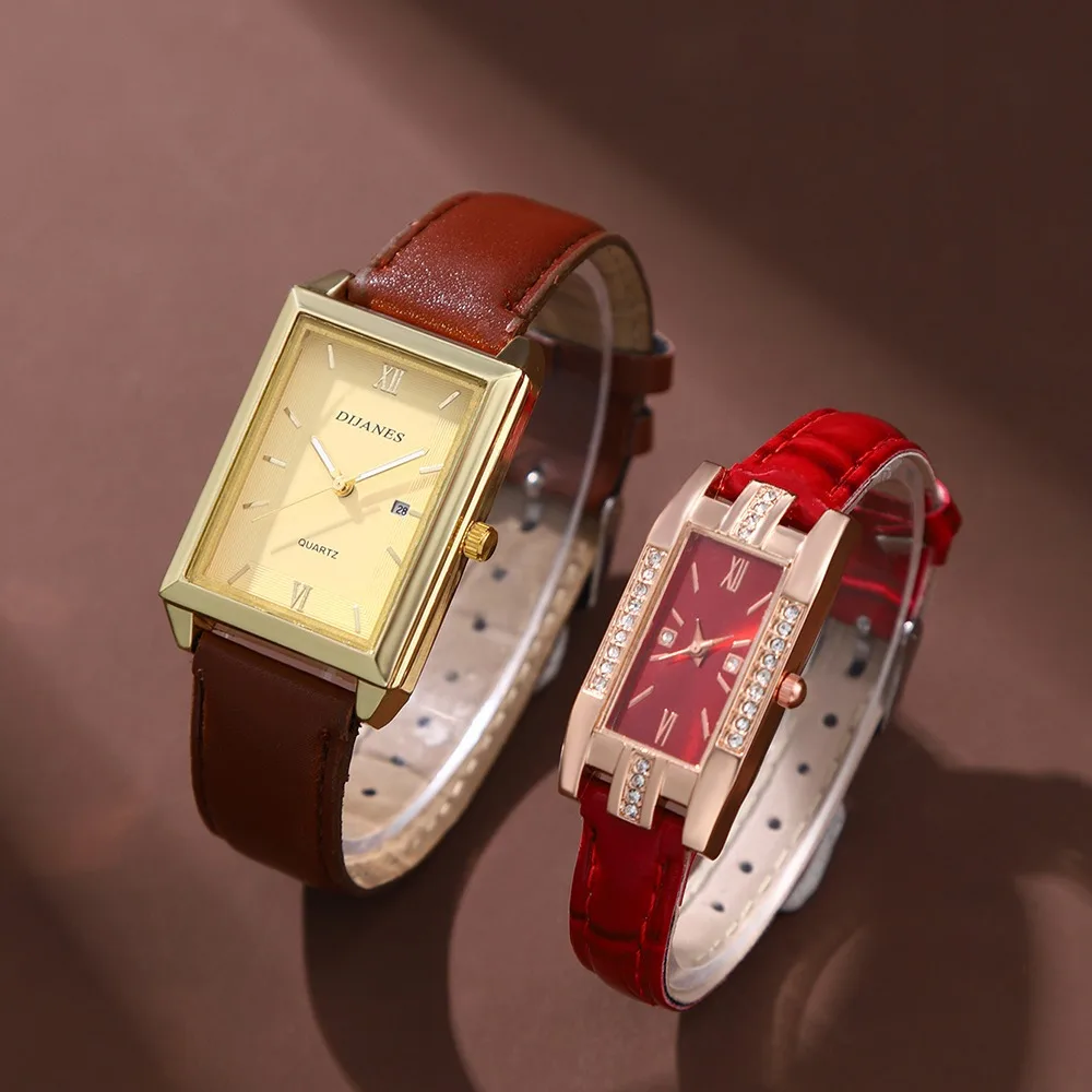 

2 шт./компл. квадратные часы для пар, ремешок из искусственной кожи, кварцевый механизм | Подарки для мужчин или женщин | Подарки ко Дню святого Валентина