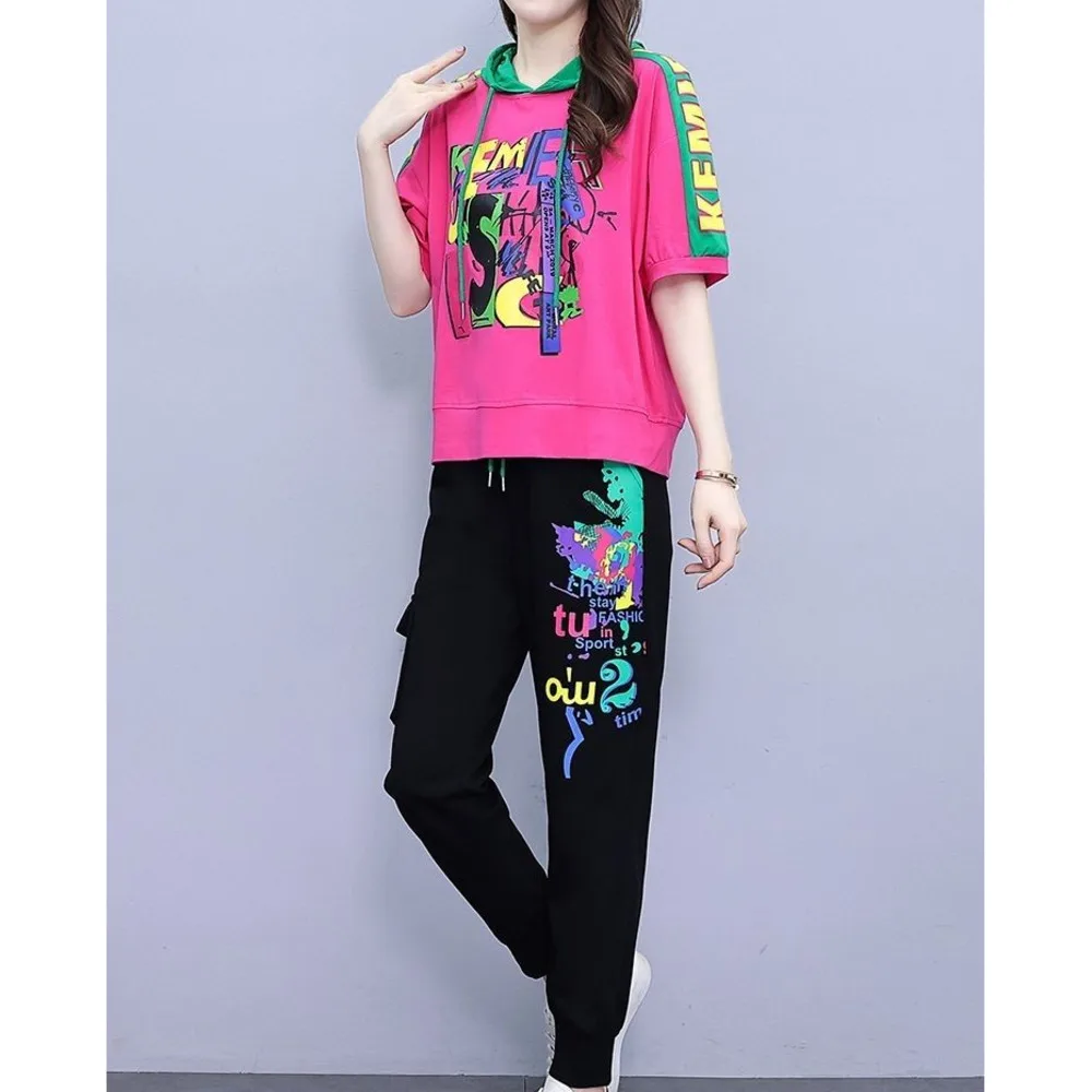 

Leisure Sportswear For Women's 2024 Summer New Fashionable Versatile Hooded Sweater Tops High Waisted Harlan Pants Two Piece Set