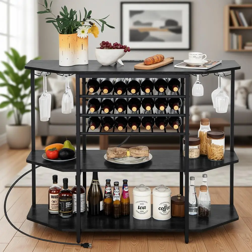 

Трехъярусный винный шкаф в деревенском стиле серого цвета с розетками, полками для бутылок и держателями для бокалов