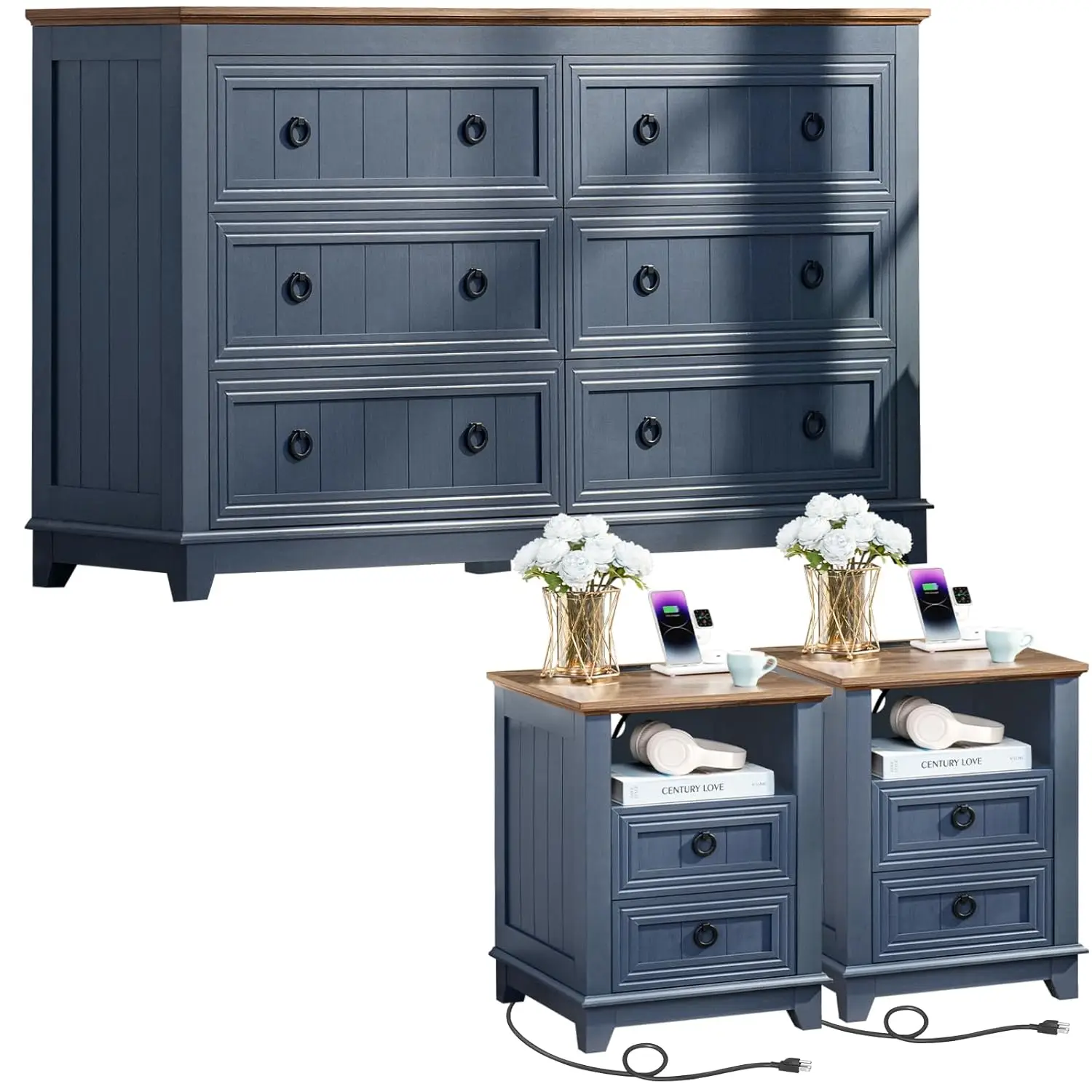 

Комплект мебели в стиле фермерского дома, синие прикроватные тумбочки с зарядной станцией и комод с 6 ящиками для спальни, ширина 54 дюйма, на заказ