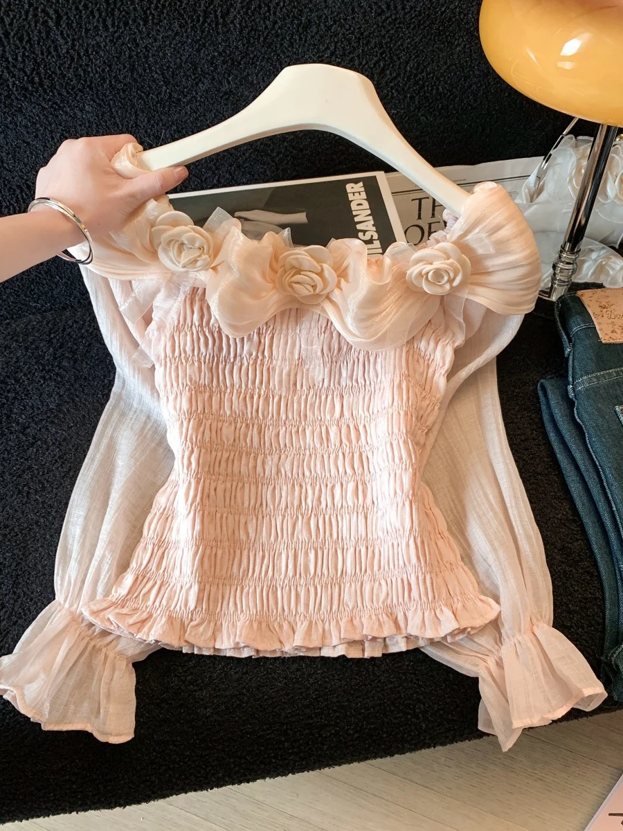 

Уникальная женская блузка с расклешенными рукавами и бантиками на плечах, корейский стиль, приталенный крой, из полиэфирного волокна, для повседневной носки