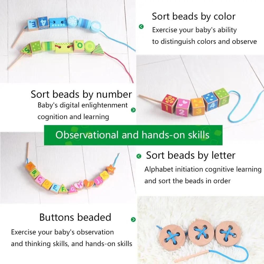 Blocs de construction à filetage de chiffres et de lettres, 33 pièces, avec boîte de rangement en bois, entraînement de la motricité fine pour 3 à 6 ans