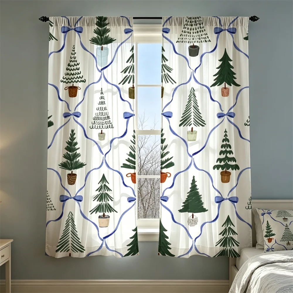 2PCS Christmas Curtains, Potted pine tree with ribbon Print, Bedroom Living Room Window Drapes, Rod Pocket Polyester, Home Decor
