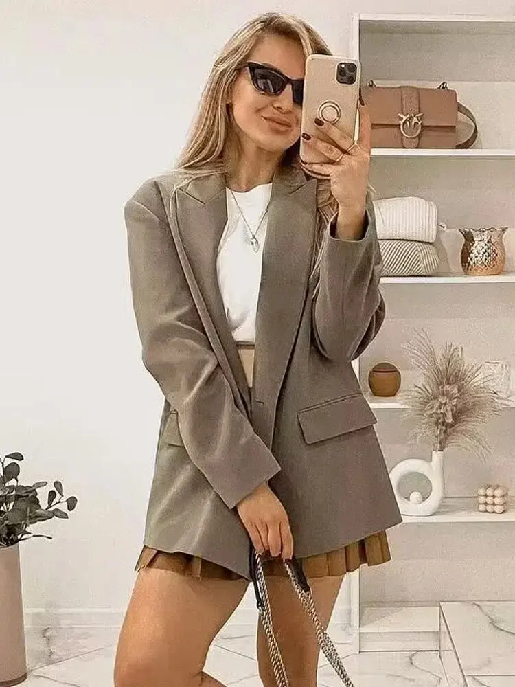 Women Chic Office Lady Double Breasted Blazer Vintage Coat Fashion Notched Collar Long Sleeve Ladies Outerwear Stylish Tops