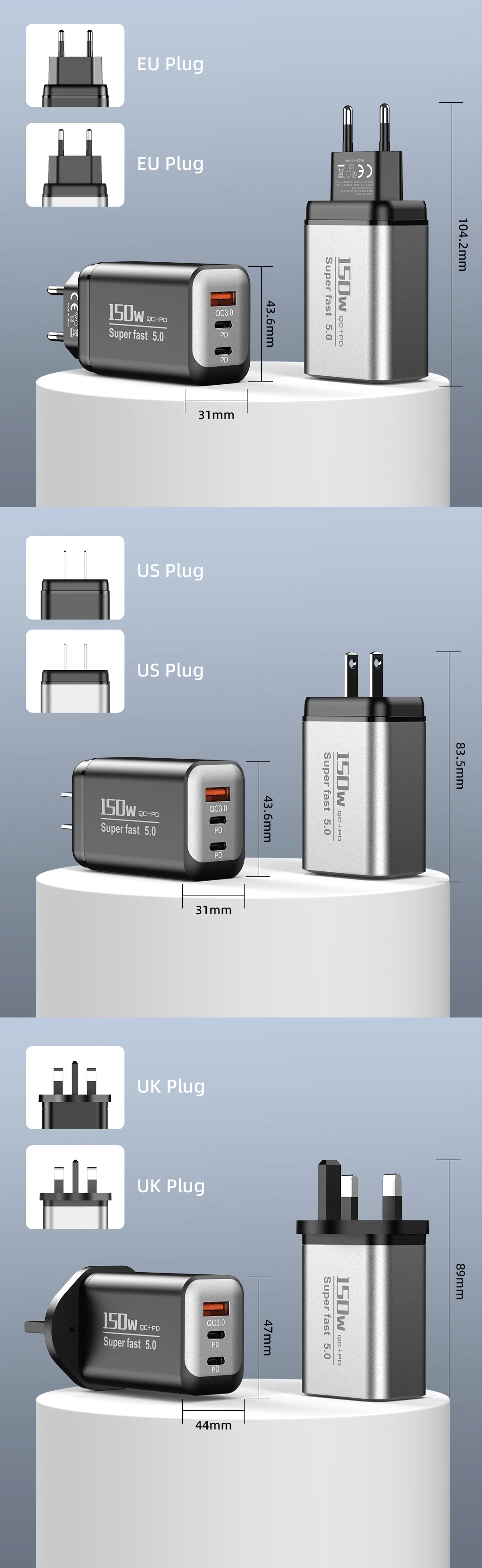150W Schnellladegerät 3-Port 2PD QC3.0 USB Typ C Netzteil Reise-Ladeblock für iPhone Samsung Xiaomi EU/UK/US-Stecker – Detail 9