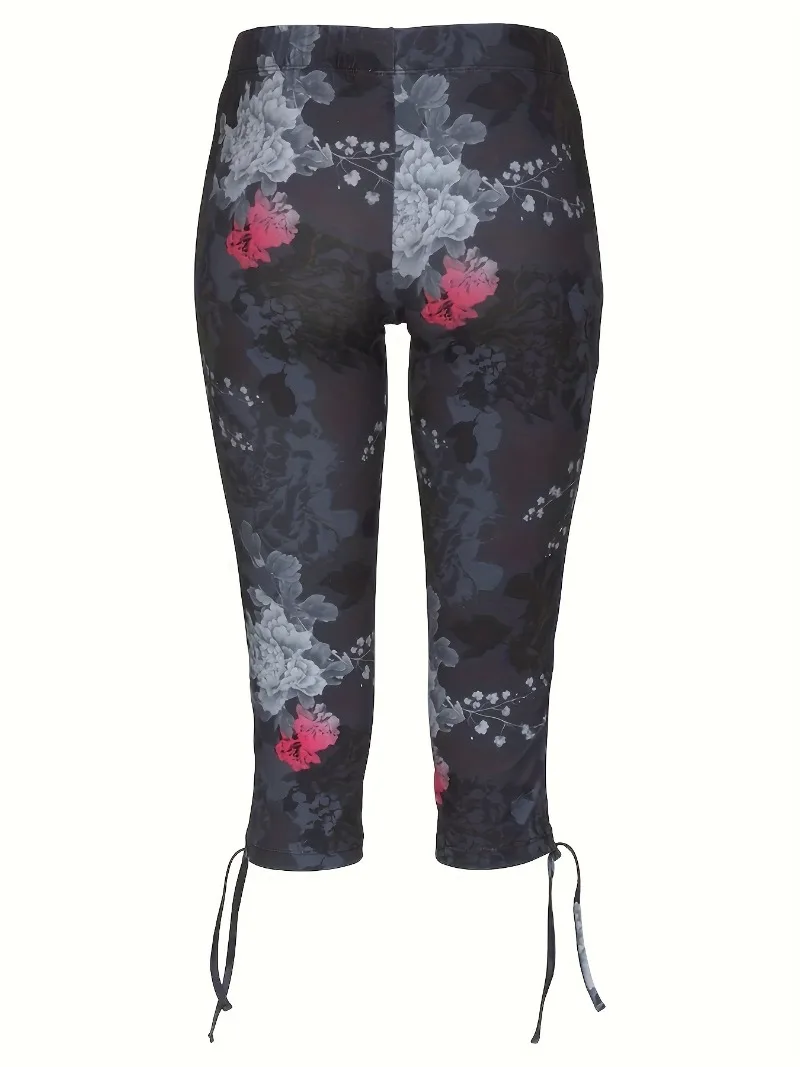 Plus Size 1XL-5XL Casual Leggings Women\'s Plus Floral Print Lace Up Slight Stretch Slim Fit Capri Leggings