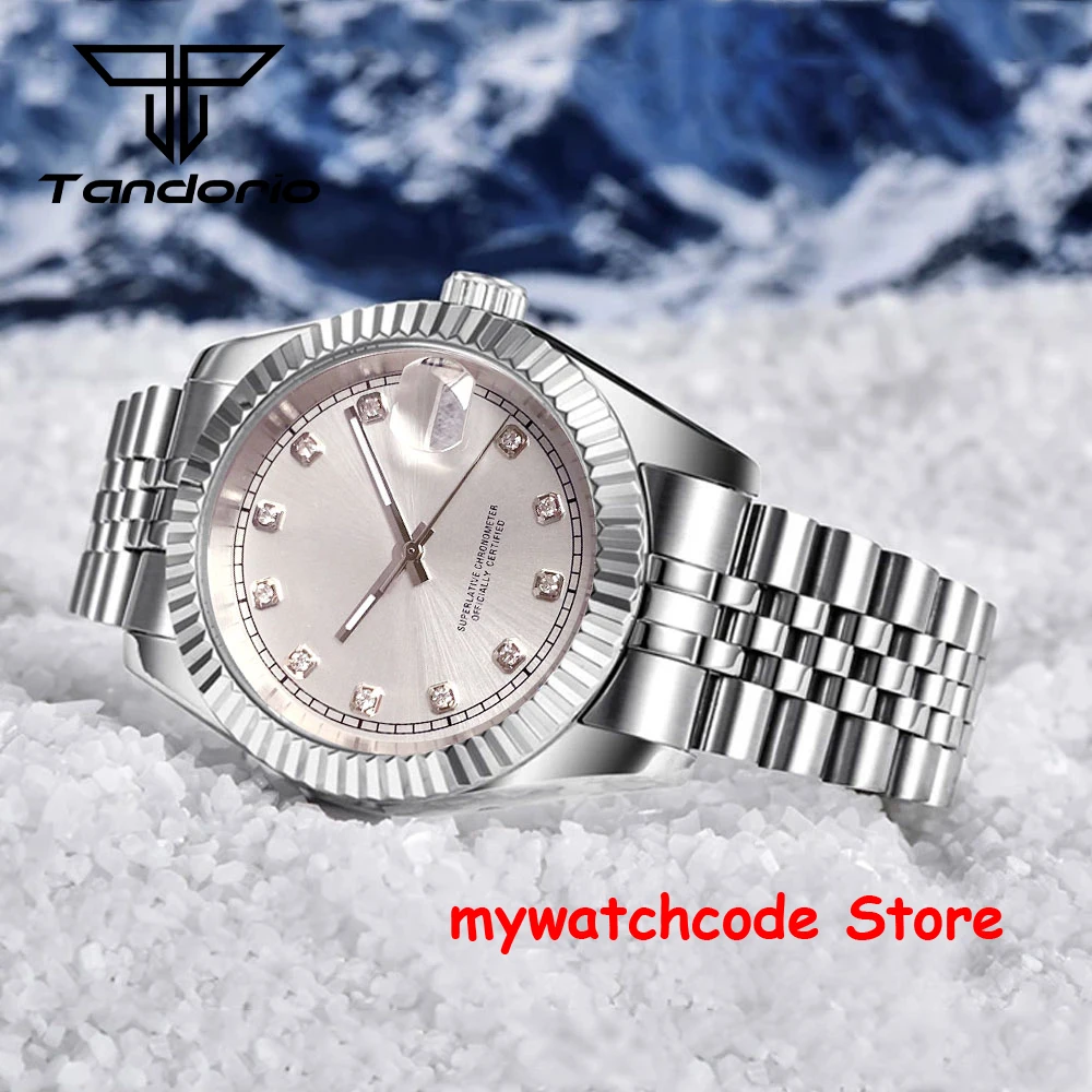 

36 мм автоматические мужские часы для дайвинга, синий, серебряный циферблат с бриллиантовым индексом NH35A, стальной браслет, сапфировое стекло, скользящая пряжка