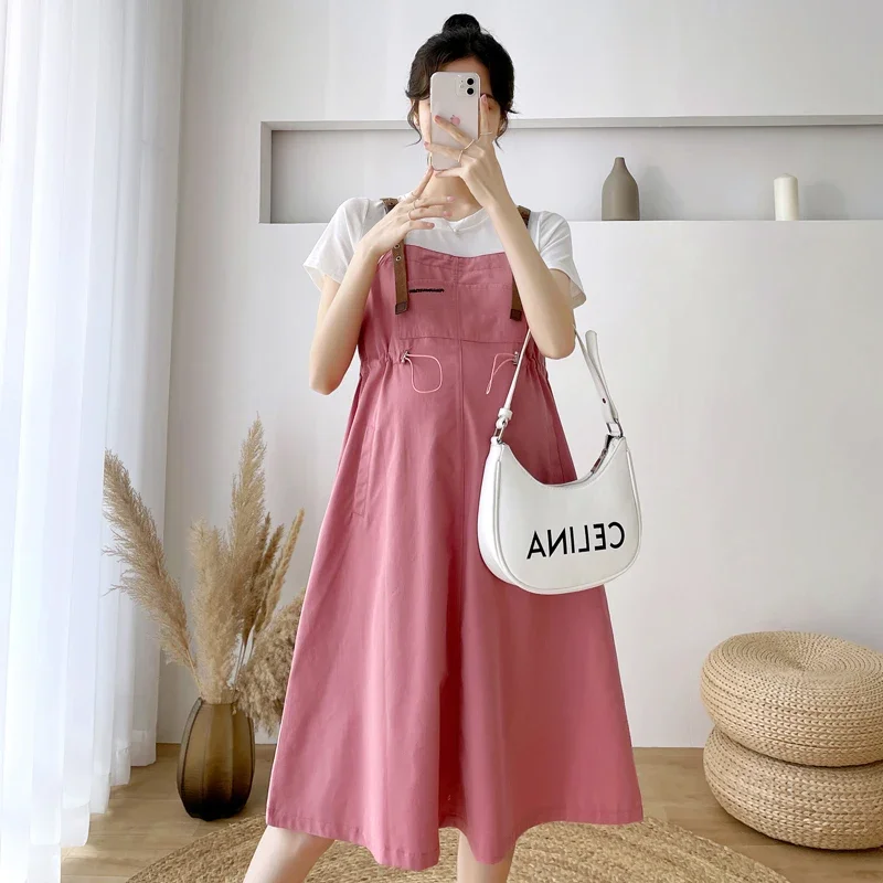 7025# Patchwork One Piece Maternity Dress Summer Korean Fashion A Line Clothes for Pregnant Women Chic Ins Pregnancy Sweet Cute