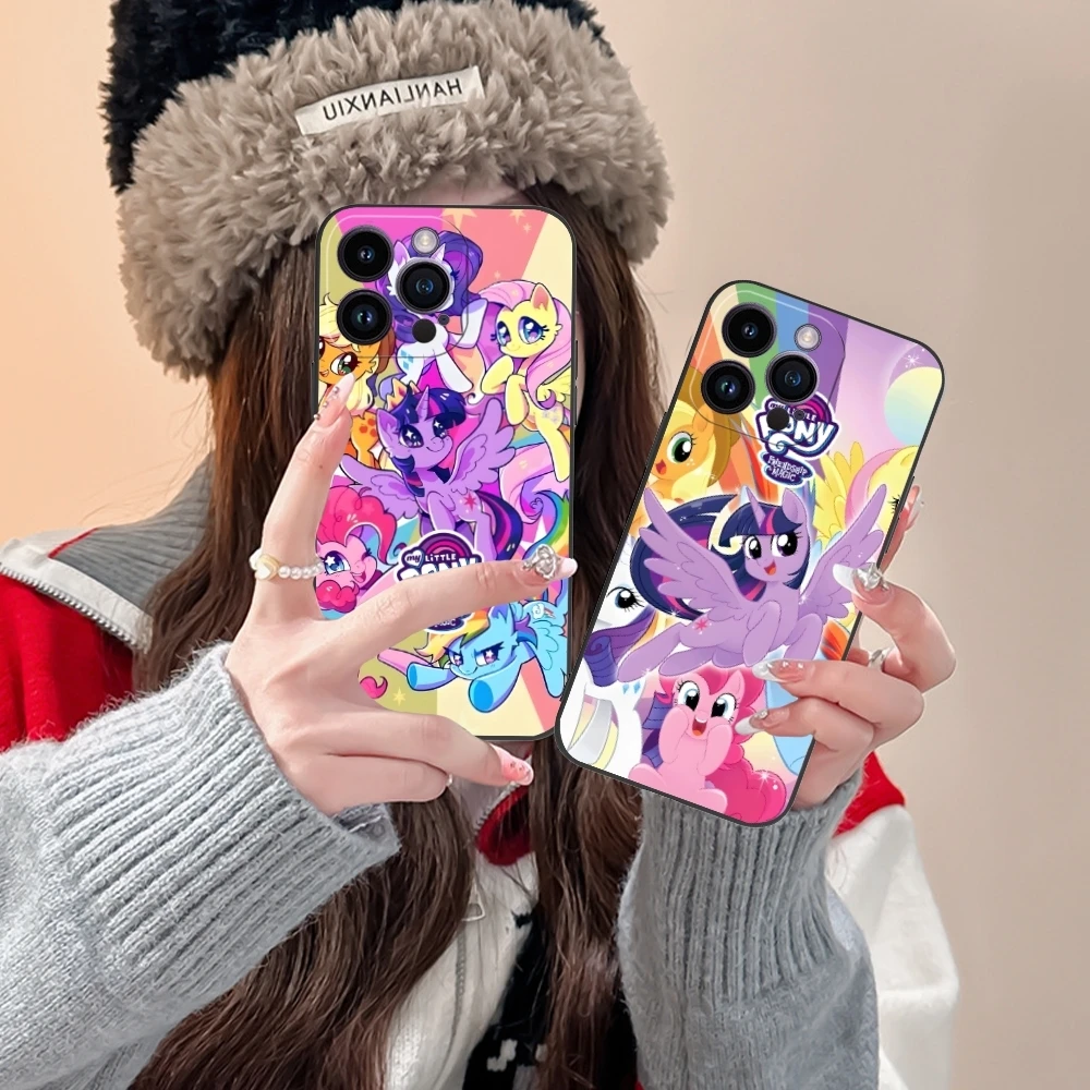 Cute Little Pony Mobile Cell Phone Case for iPhone 15 14 13 12 11 X XR XS 8 7 Pro Max Plus Mini Black Soft Phone Cover Shell