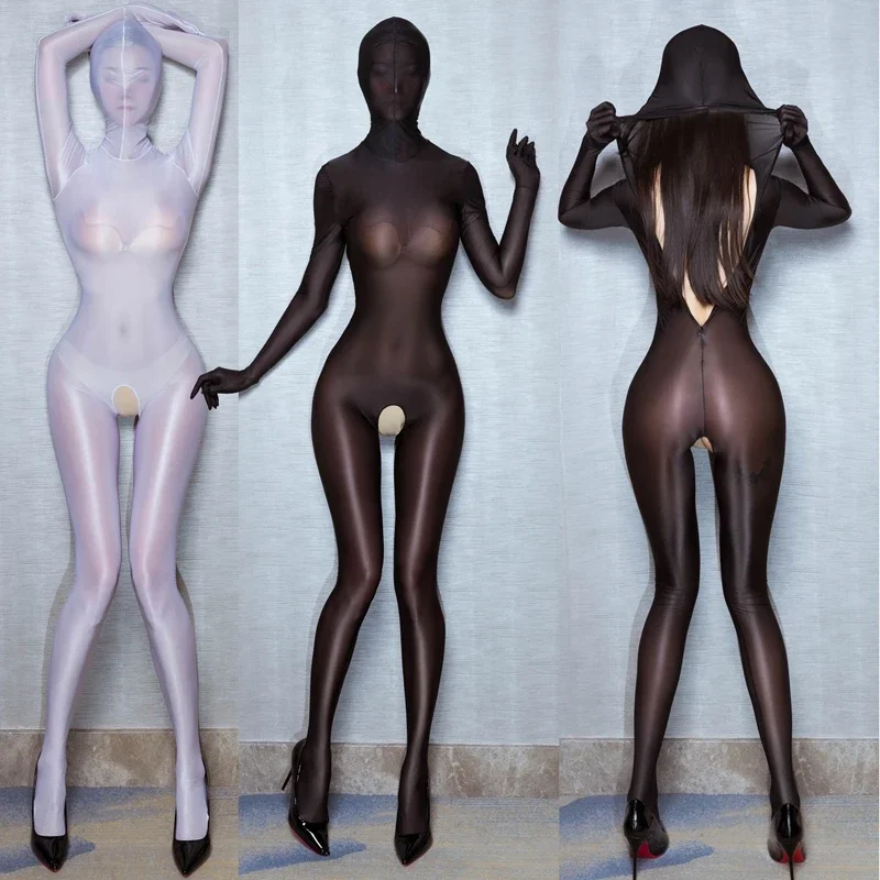 Sexy Lingeries for Women Full Body Open Crotch Glossy Shiny Pantyhose Bodystocking Hood Mask Back Zipper Jumpsuit Zentai Erotic