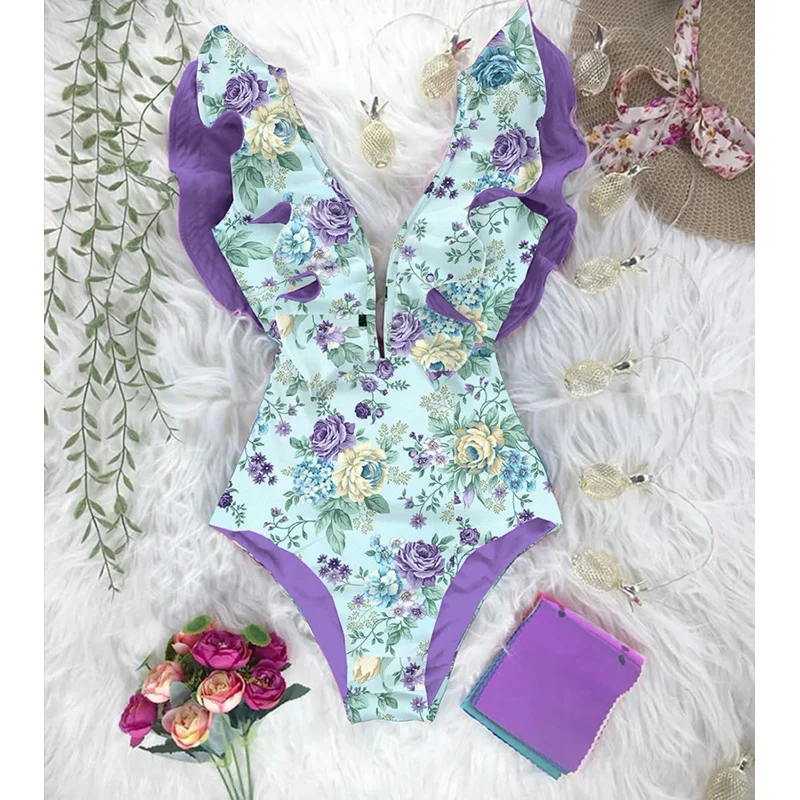 Bikini Sexy de cintura alta para mujer, traje de dos piezas, traje de mujer, ropa de playa de modelo Floral, V Nit