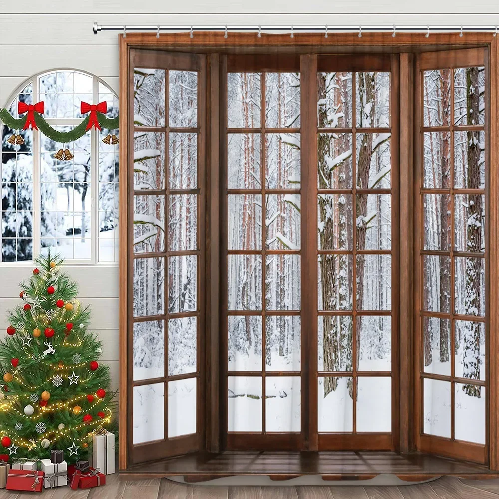 

Winter Shower Curtain Snowy Window View Jungle Snowflake Farm Christmas Home Polyester Fabric Bathroom Decor Curtain With Hooks