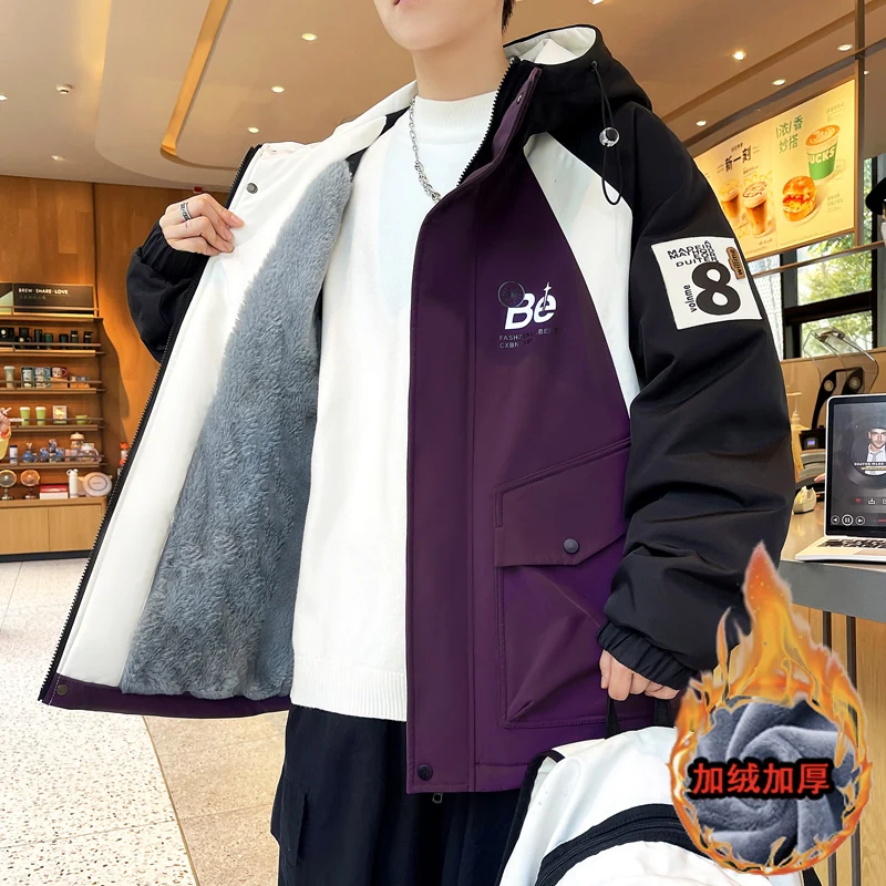 

Fashion 2025 Winter Men's Hooded Fleece Liner Jackets Streetwear Windproof Thicken Plush Coats Youth Loose Top Parkas Clothing
