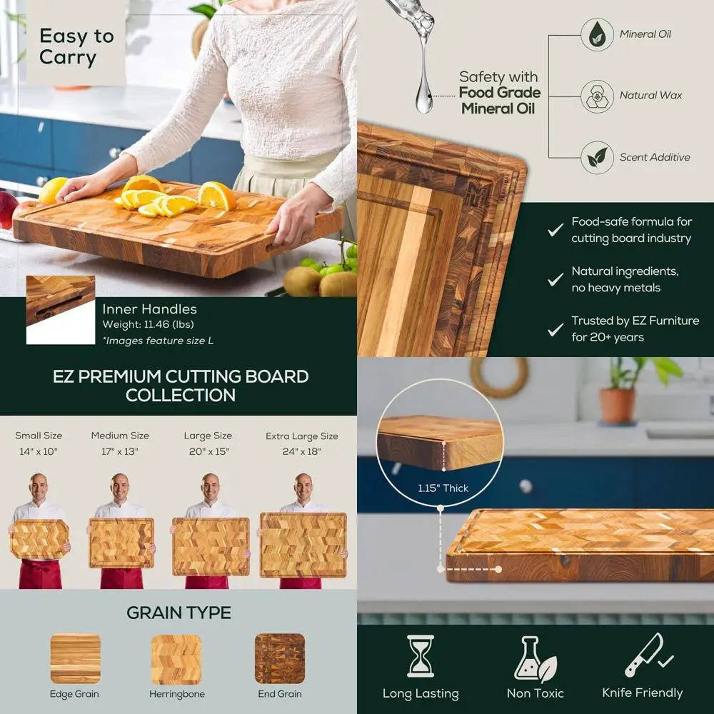 

Reversible Teak Wood Cutting Board with Juice Groove and Handles, 17 x 13 x 1.15, Herringbone Pattern