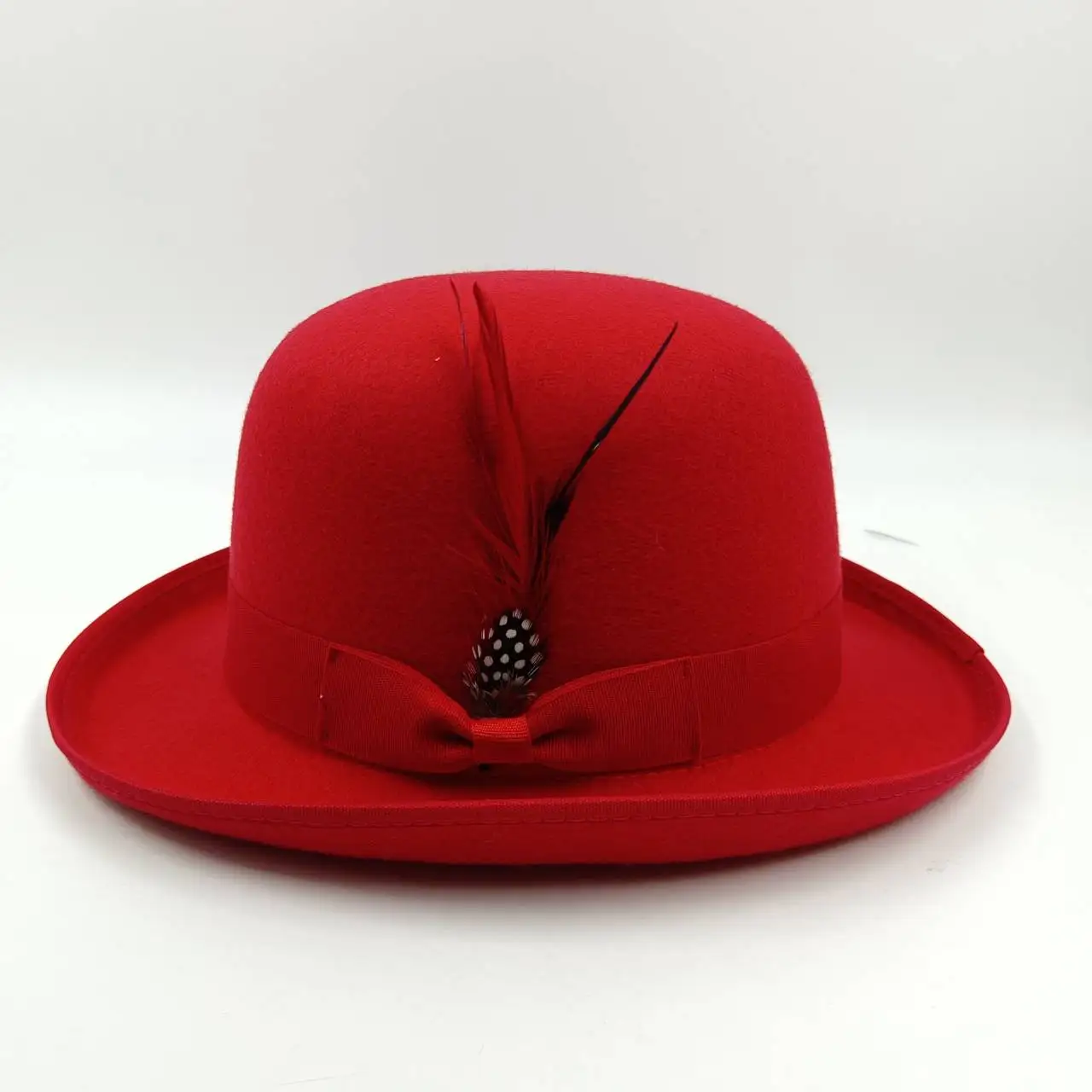 Round Top Hat for Men and Women British Style Fedora Hat with Feather Accessories Retro Rolled Brim Stage Hat Felt Fedora Cap