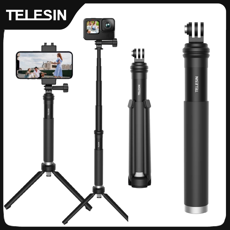 TELESIN 0.9M Aluminum Alloy Selfie Stick Monopod Tripod for GoPro Hero 12 11 10 9 8 7 6 Insta360 DJI OSMO Action for Smart Phone