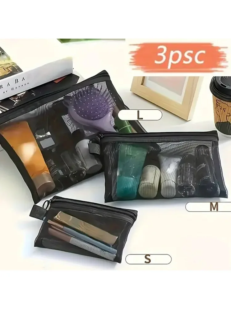 Sac à cosmétiques en maille de Nylon noir, 3 pièces, organisateur de toilette à fermeture éclair, sacs de maquillage multifonctionnels pour femmes, rouge à lèvres, clé, porte-monnaie