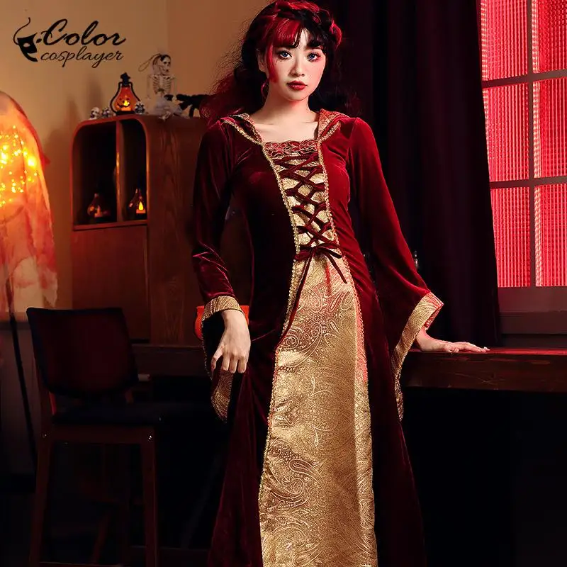 Color Coslayer Red Medieval Dress Hooded Gown European Court Cosplay Costume Vintage Drama Robe Carnival Party Women Outfit