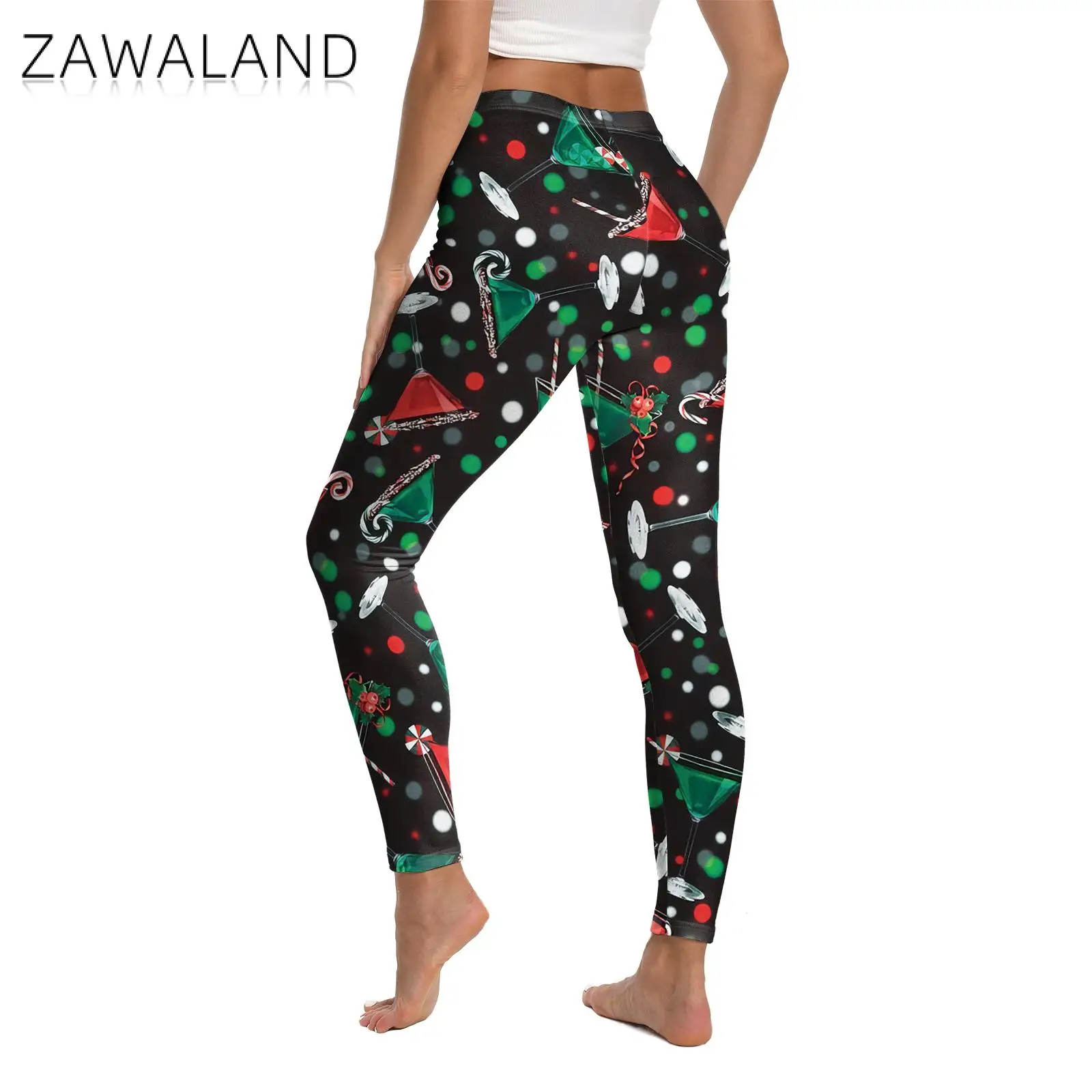 Zawaland Xmas Leggings String Light Christmas Tree Pattern Stripe Printed Pants Fitness Workout Trousers Party Women Leggings