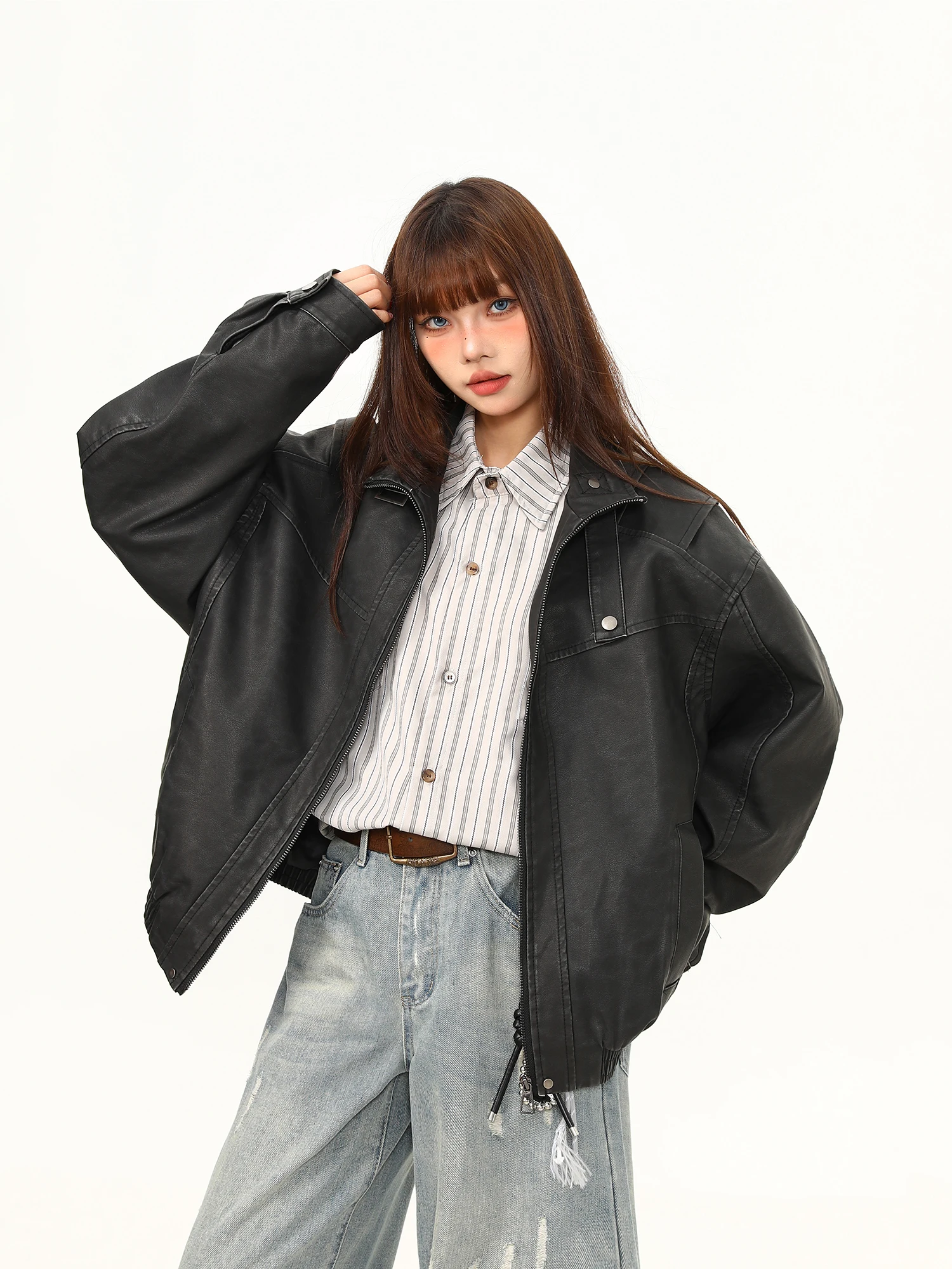 와일드 아지 아메리칸 스트릿웨어 스타일 믹스젠더 PU 레더 재킷 헤비웨이트 디컨스트럭티드 패치워크 모터사이클 아우터웨어