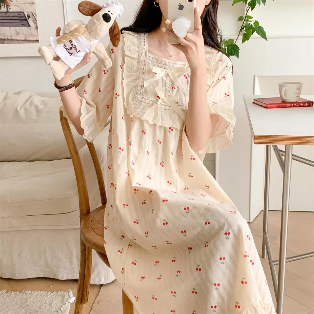 

Soft Floral Print Cherry Pajamas Set Ins Cute Short Sleeve Sleepwear 100%Cotton Lace NightDress Women Sweet Princess Home Loose