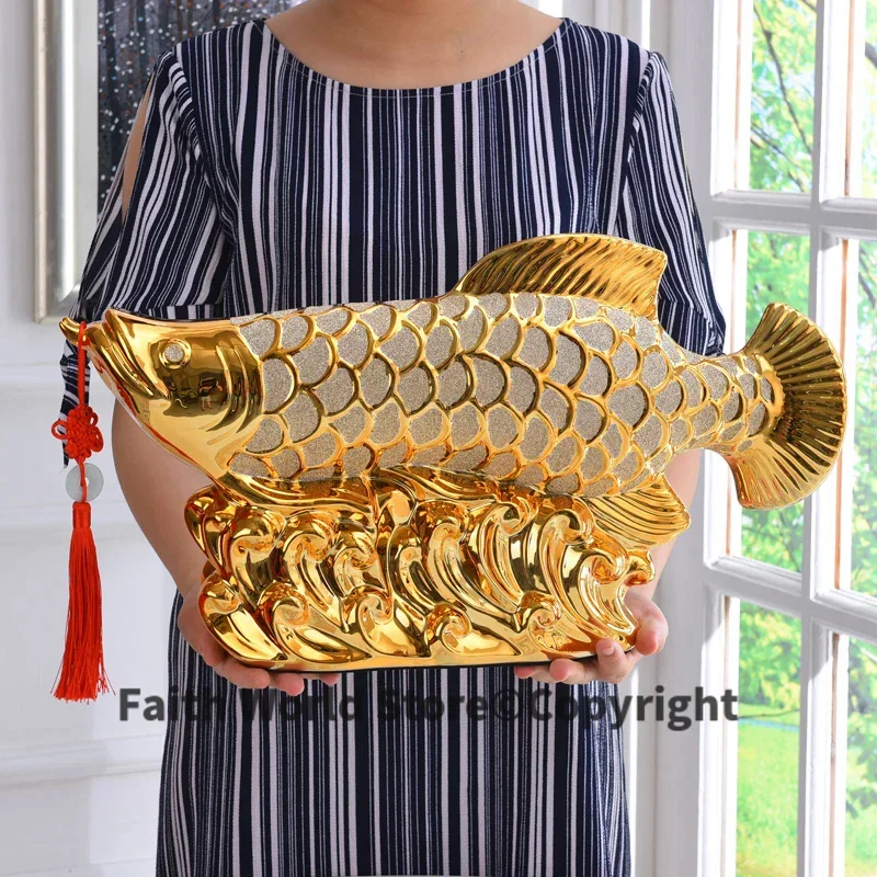 50CM large HOME OFFICE Company SHOP ROOM TOP COOL Efficacious Talisman Money Drawing Arowana Golden Fish FENG SHUI statue